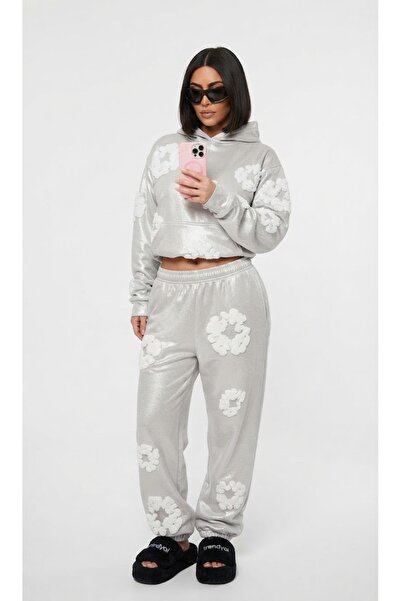 JANTIL MODA Unisex Black Fluffy Floral Printed Tracksuit Set |   3 Yarns Shad...