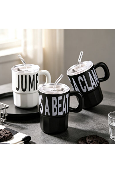 idei Cana decorativă ceramică stil minimalist cu litere, 400ml, cană cu pai ș...