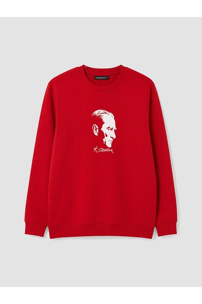 LC Waikiki Peak New Season Red Crew Neck Sweatshirt with Atatürk Print for Men.