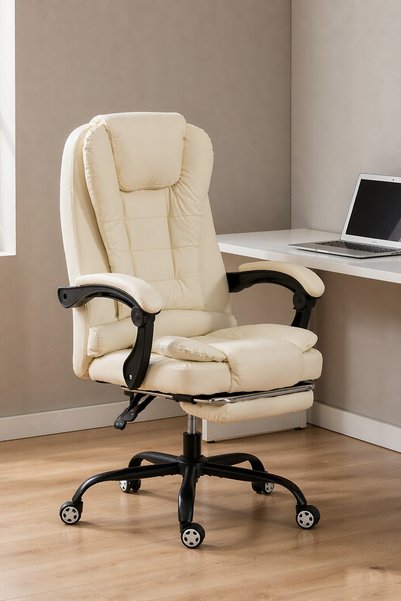 Aralifes Executive Office Chair with Footrest, Cream High Back Quilted Desk C...
