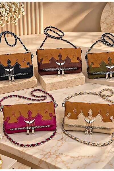 İKRA ÇANTA General Brands Women's Wing Patterned - Double Chain Braided Strap Flap Shoulder and Crossbody Bag