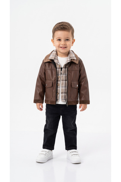 Mışıl Kids Baby Boy Top and Bottom Set with Leather Jacket