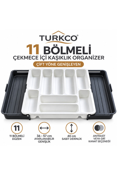 Turkco 11 Bölmeli Çekmece İçi Kaşıklık Organizer Çift Yöne Genişleyen 40 x 36-57 cm Beyaz-Antrasit