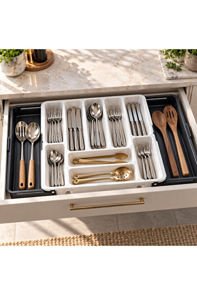 Turkco 11 Bölmeli Çekmece İçi Kaşıklık Organizer Çift Yöne Genişleyen 40 x 36-57 cm Beyaz-Antrasit