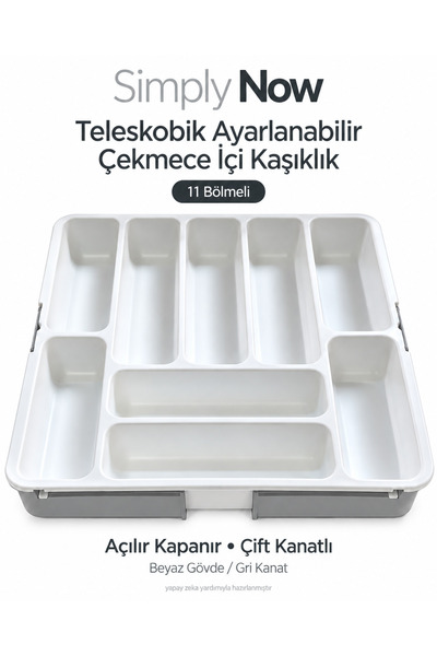 Simply Now 11 Bölmeli Çekmece İçi Kaşıklık Çift Kanatlı Teleskobik Ayarlanabi...