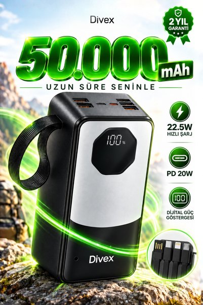 Divex 50.000 mAh 22.5W Hızlı Şarjlı Powerbank – 4 Entegre Kablolu, 6 USB Çıkı...