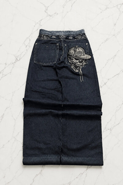 Köstebek Embroidered Back Side Skull Baggy Navy Blue Jeans