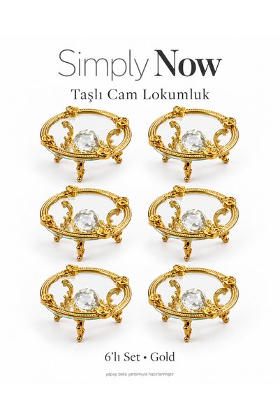 Simply Now 6’lı Taşlı Cam Lokumluk Gül Motifli Ayaklı Kahve Yanı Sunumluk Gol...