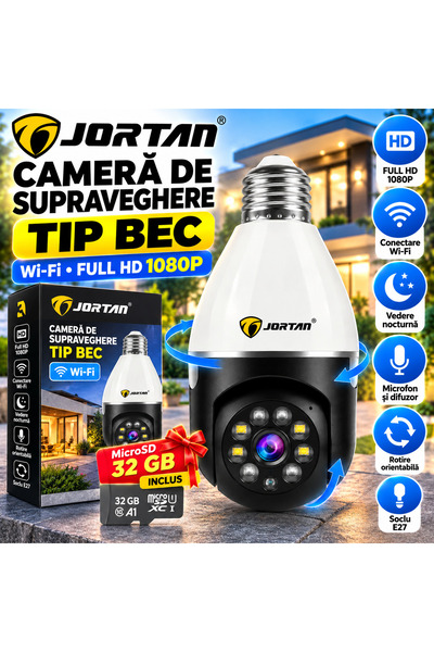Jortan Cameră de Supraveghere Tip Bec E27, Wi-Fi, Full HD 1080p, Rotire PTZ 3...