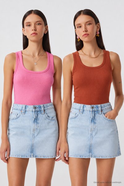 Lovelyİstanbul 2-Piece Ribbed Thick Strap Knitted Undershirt Lhj0002 Taupe Pink