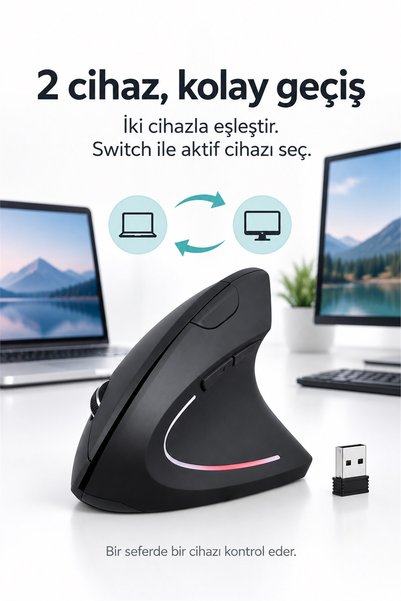 Modazirve Sessiz Click Ergonomik Dikey Kablosuz Mouse Bluetooth 2.4GHz USB Çift Cihaz Geçiş 800/1200/1600 DPI