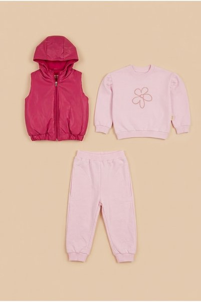 zumino Girl's Floral Embroidered Sweatshirt, Hooded Vest and Jogger Pants 3-Piece Set