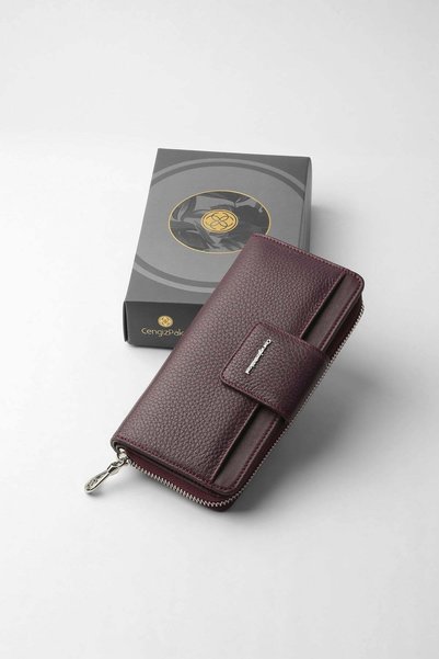 CENGİZ PAKEL Genuine Leather Women's Wallet with Horizontal Zipper and Magnet, Plum - 65280