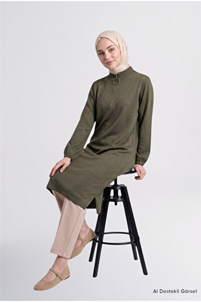 Armine Zipper Detailed Knitwear Tunic Dress Khaki