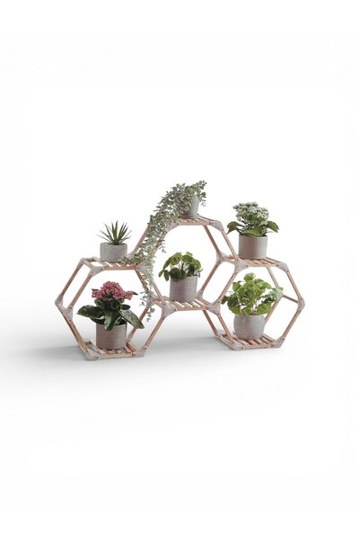 belavi Etajeră pentru Flori – Suport Plante Hexagonal, Lemn, 6 Ghivece, Desig...