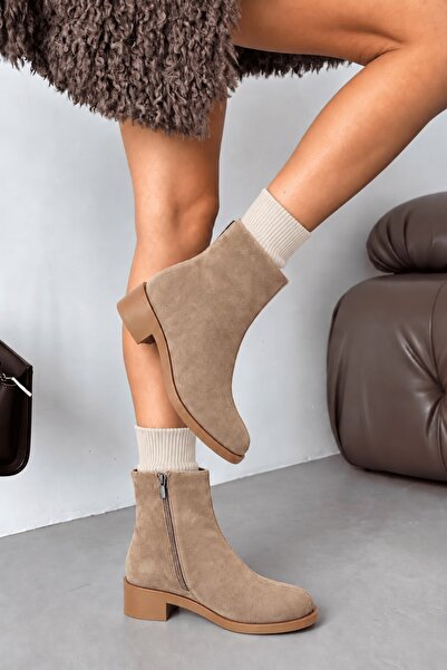 İX Shift Women's Suede Mink Front Stitching Detailed Side Zipper Short Heeled...