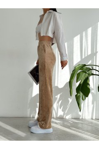 MAİMODA Women's High-Waist Velvet Baggy Pants with Topstitch