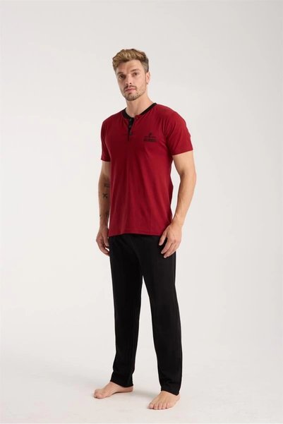 Mariposa Secret Men's Burgundy Button Collar Short Sleeve Pajama Set