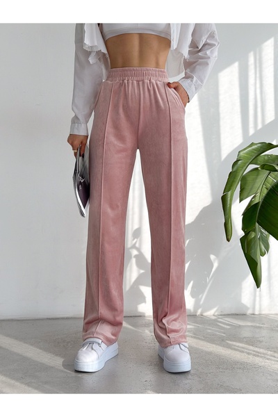 MAİMODA Women's High-Waist Velvet Baggy Pants with Topstitch