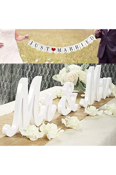 Arabest Large White Mr and Mrs Wooden Sign Set with Just Married Banner for W...