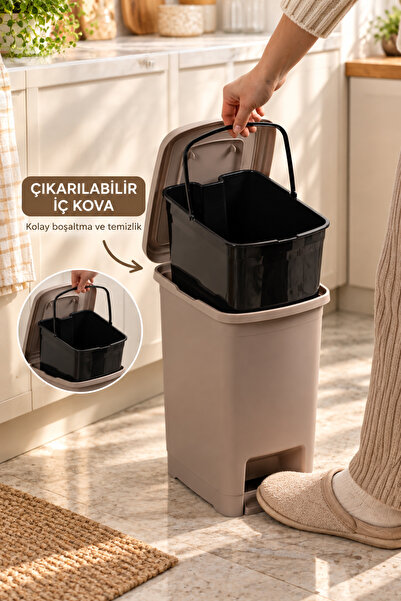 Porsima 1136 10 Lt İç Kovalı Pedallı Çöp Kovası - Slim Mutfak Ve Banyo Çöp Kovası Cafe Latte