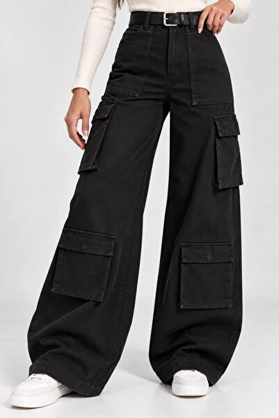 Cool & Sexy Women's Black High Waist Wide Leg Gabardine Trousers with Cargo Pockets