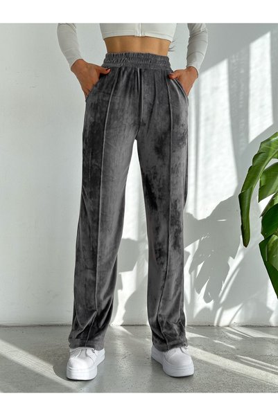 MAİMODA Women's High-Waist Velvet Baggy Pants with Topstitch