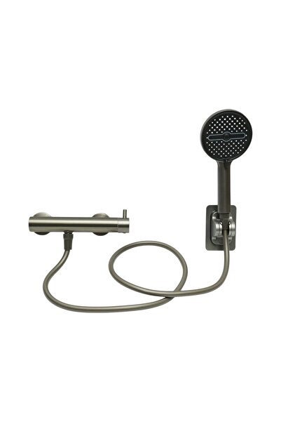 UTB Set baterie dus baie monocomanda cu para, furtun si suport perete, gri gr...
