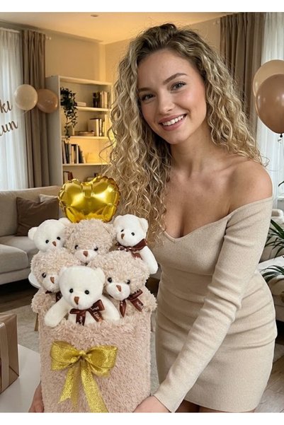 STORE24 Krem Peluş Silindir Kutuda, Kalpli Balonlu 6’lı Boz Ayıcık Buketi Sev...