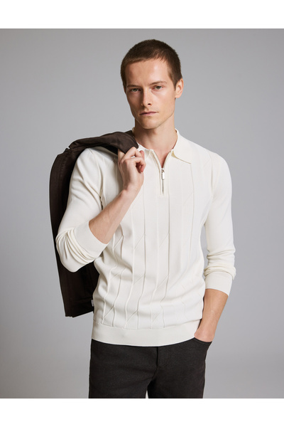 Pierre Cardin Pulover tricotat cu guler polo și fermoar, slim fit, ecru 50330...
