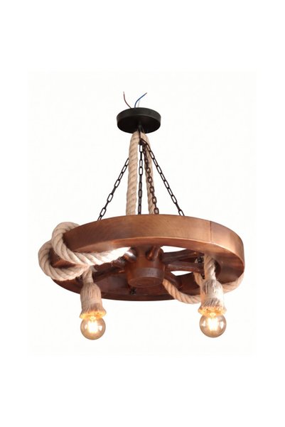 Arts and Crafts Lustra Rustica Roata de Lemn si Sfoara Vintage, 2 Surse de Il...