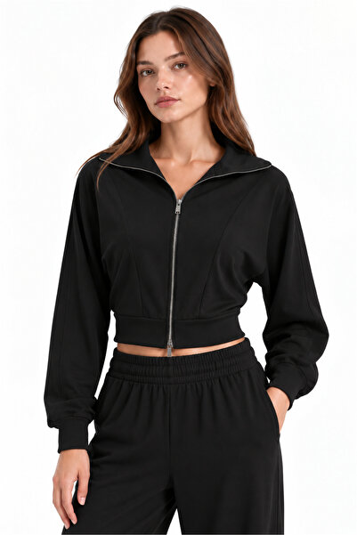 Perspective Black Zippered Crop Tracksuit Set