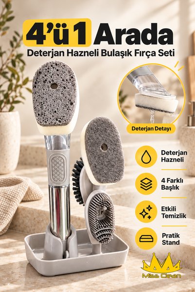 Miss Clean 4'ü 1 Arada Deterjan Hazneli Bulaşık Fırçası Seti – 4 Farklı Başlıklı, Standlı, Süngerli Mutfak Temizlik Fırçası