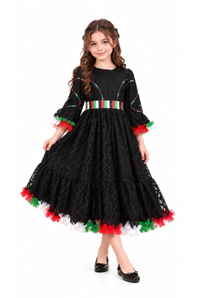 LAMORA UAE National Day Black Cutwork Tulle Dress for Girls with Flag Trim