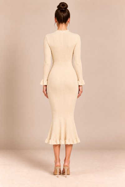 2TRENDY Women's Beige Midi Dress with Slim Fit, Long Sleeves and Ruffled Hem