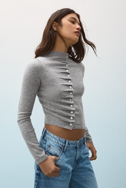 Bershka Düğmeli, drape detaylı bisiklet yaka hırka