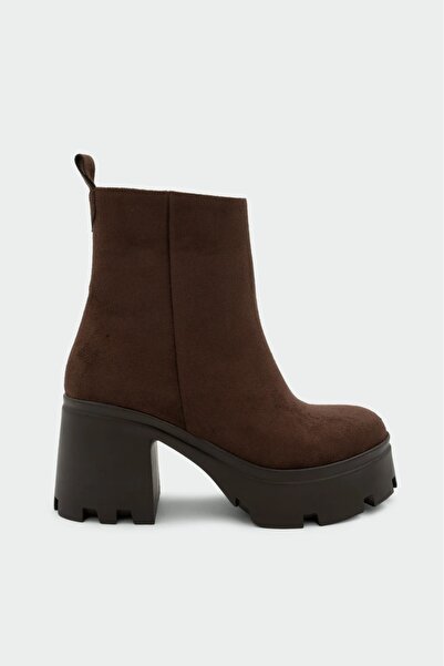 LAMİNTA Streep Women's Bitter Brown Suede Boots Thick Heeled 8 cm Threaded So...