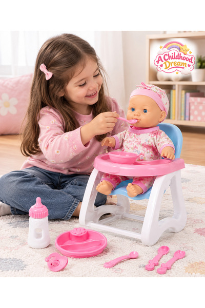 A Childhood Dream Baby Doll with High Chair and Accessories Set for Care and ...