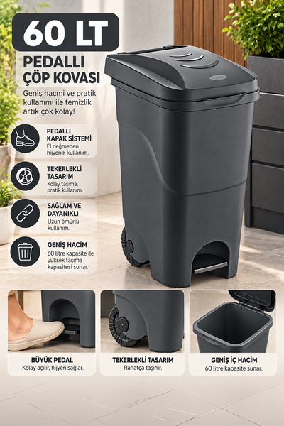 Porsima 1149 60 Lt Tekerlekli Pedallı Çöp Kovası - Büyük Boy Mutfak, Bahçe Ve Banyo Çöp Konteyneri Antrasit
