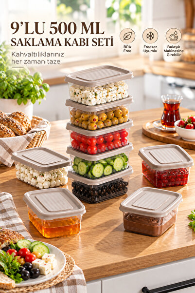 Porsima 1342 9'lu 500 Ml Festiva Saklama Kabı Seti Latte - Şeffaf Kahvaltılık, Kuruyemiş & Erzak Saklama Kabı