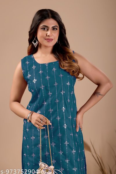 Generic Brand Sleeveless Kurti with Palazzo Set Beautiful Embroidery Work