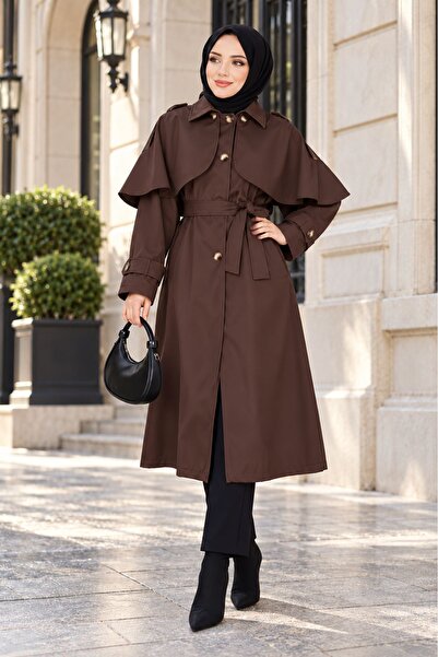 Neşeli Butik Women's Brown Cape Detailed Belted Buttoned Long Trench Coat Nbft015