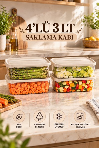 Porsima 1004 4'lü Dikdörtgen Saklama Kabı Seti 3 LT Krem - Şeffaf Buzdolabı İçi Sebze Meyve & Erzak Düzenleyici Kutu