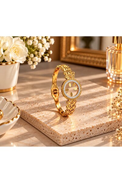 Nilove Concept Aksesuar Gold Color Round Stone Detailed Leaf Patterned Stylish Women's Handcuff Bracelet