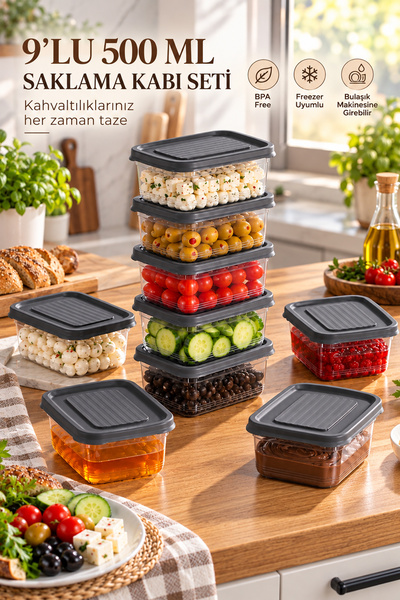 Porsima 1342 9'lu 500 ml Festiva Saklama Kabı Seti Gri - Şeffaf Kahvaltılık, Kuruyemiş & Erzak Saklama Kabı