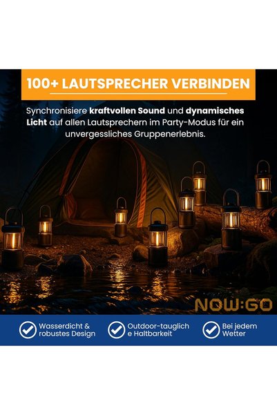 NowGo Lampă de camping Felix 2 LED cu difuzor Bluetooth - Reîncărcabilă, 360 °   Lumină, 20W, Sunet, Impermeabil IPX7, Baterie 24h, USB, Muzică în aer liber, Lanternă de camping pentru cort, Negru
