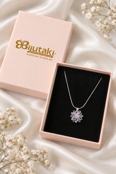 Beauty Vogue Bijutaki Kadın Lila Taşlı Çiçek Kolye Gümüş Renk İnce Zincirli Z...