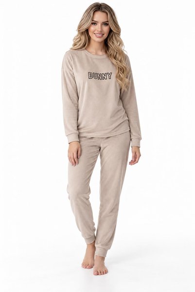cotonhause Kadın Uzun Kol Kadife Kumaş Bej Pijama Takımı C3T9N96