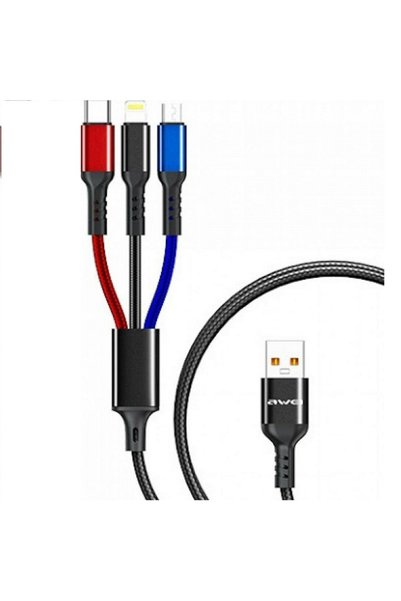 AWEI CL-971 καλώδιο 3 σε 1 Braided 1.2m, 2.4A, Μαύρο, USB-micro USB/Type-C/Li...