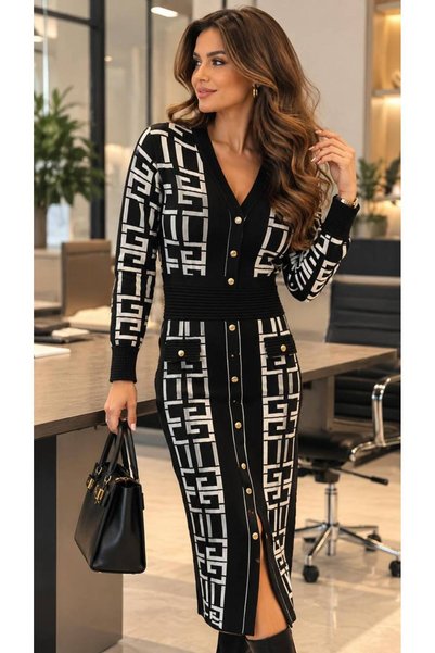 Lavanta Tekstil Rochie din tricotaj cu model de design și detalii cu nasturi